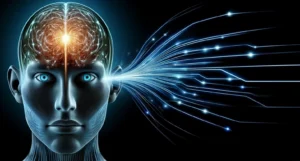 Digital illustration of a human head with the brain exposed, emitting wireless signals as digital waveforms.